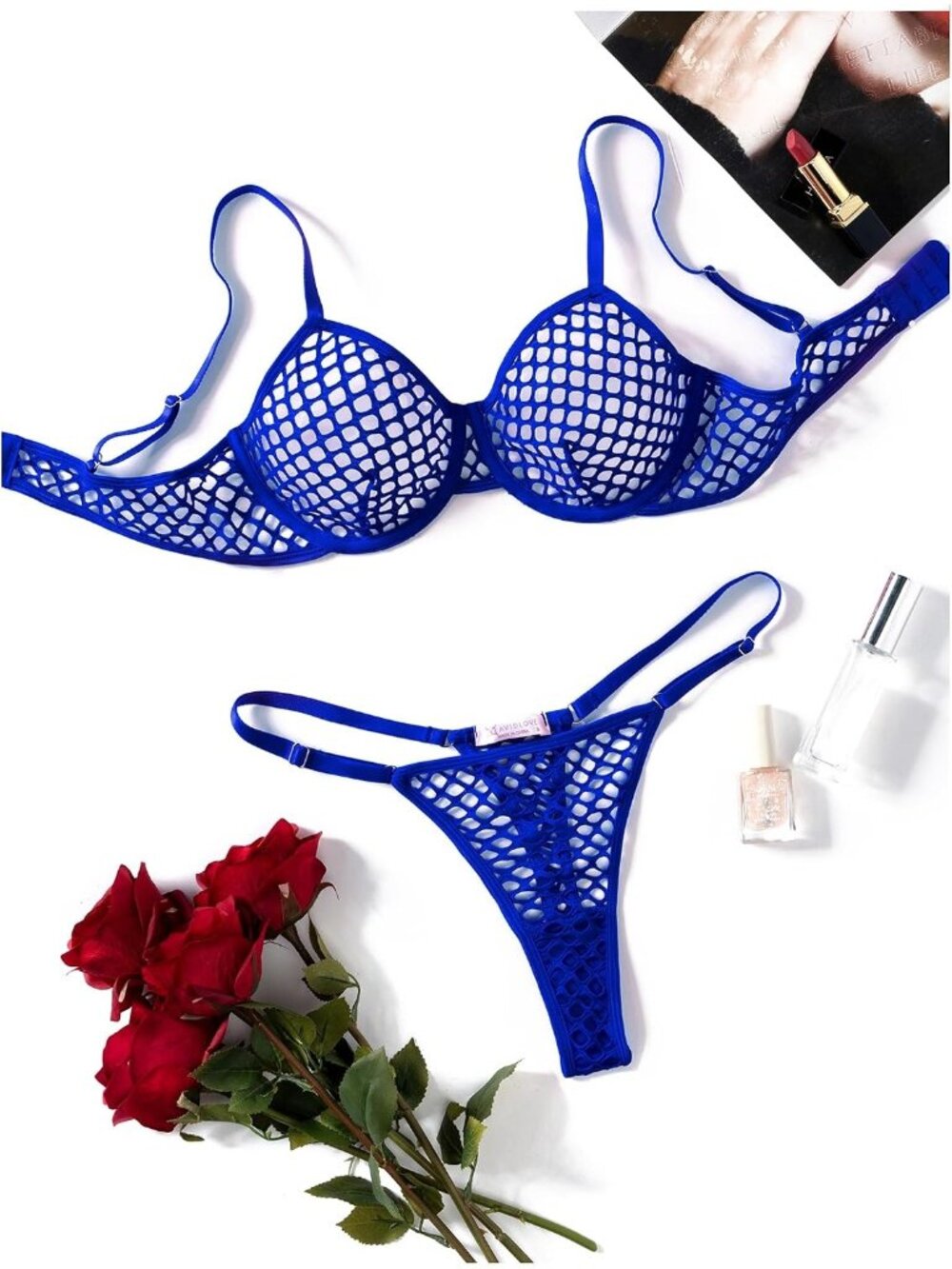 Women's Blue Adjustable Strap Fishnet Push Up Bra & Thong Underwear 2 Piece Set